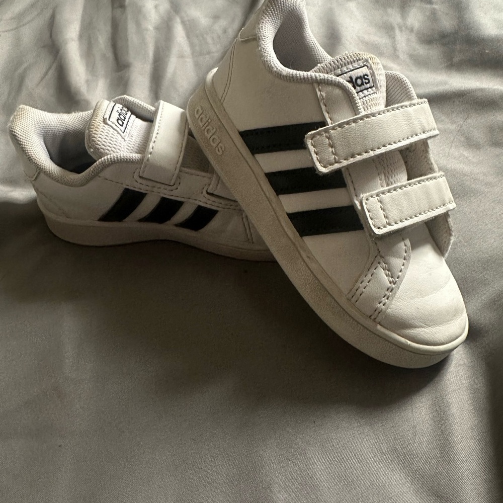 adidas Kids White Sneakers with Black Stripes - Velcro